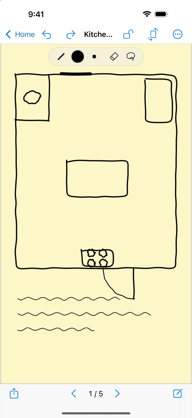 Drawing a kitchen floor plan with a finger in the Jots editor, the compact ink bar at the top