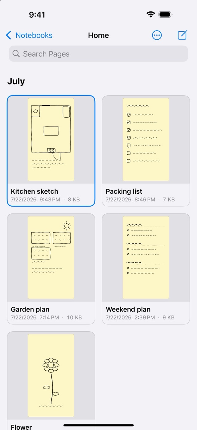 A notebook's pages shown as a grid of thumbnails — sketches and lists grouped by month